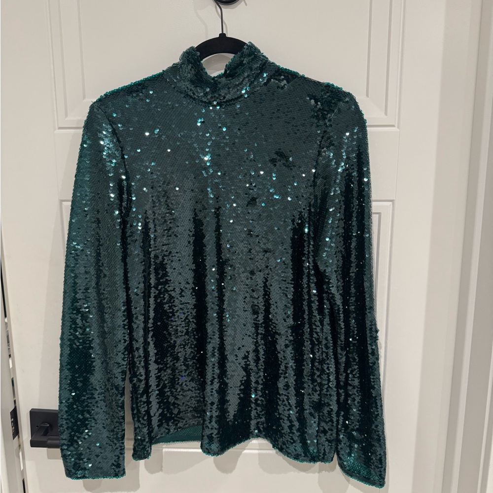Zara Sequin Mock Neck Long Sleeve blouse Green XS